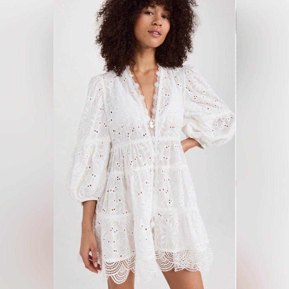 White Eyelet V-Neck Mini Dress with Scalloped Hem